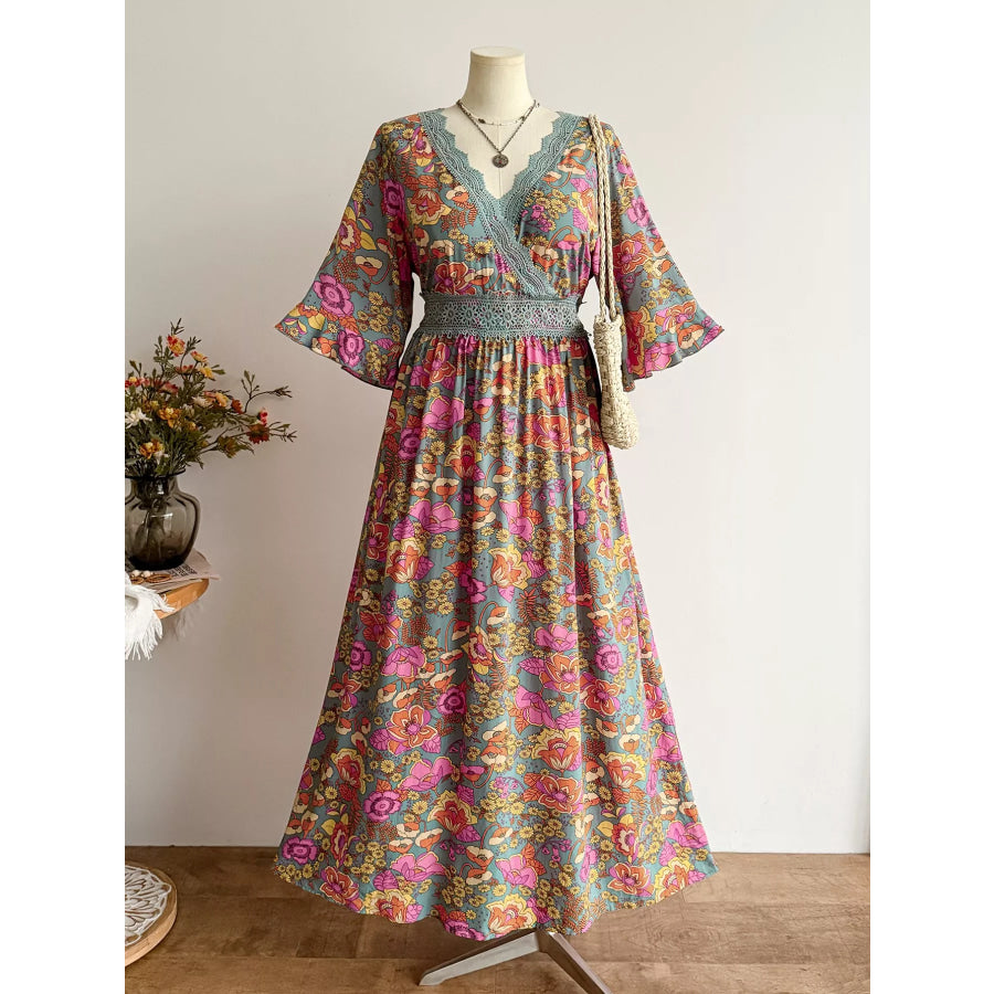 Plus Size Lace Detail Floral Surplice Dress Deep Rose / 0XL Apparel and Accessories