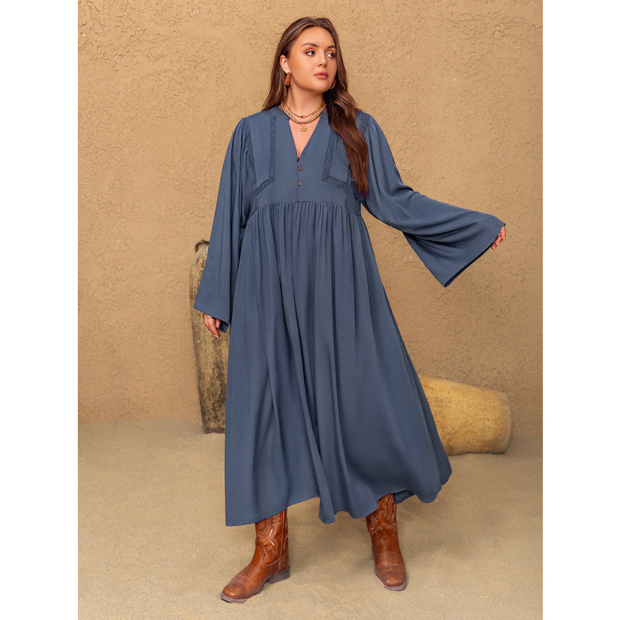 Plus Size Lace Detail Notched Long Sleeve Midi Dress Dusty Blue / 0XL Apparel and Accessories