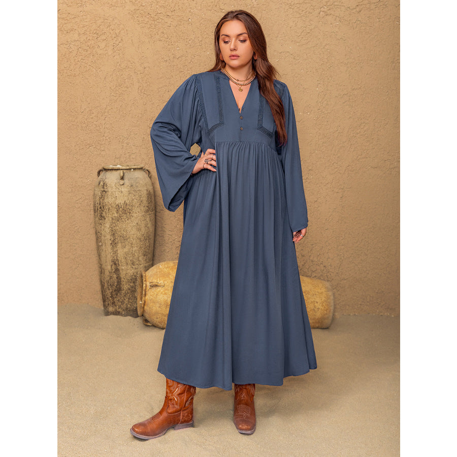 Plus Size Lace Detail Notched Long Sleeve Midi Dress Dusty Blue / 0XL Apparel and Accessories