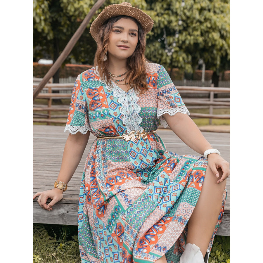 Plus Size Lace Detail Printed Half Sleeve Midi Dress Apparel and Accessories