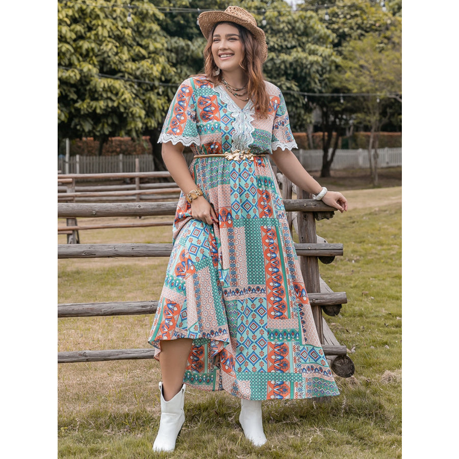 Plus Size Lace Detail Printed Half Sleeve Midi Dress Apparel and Accessories