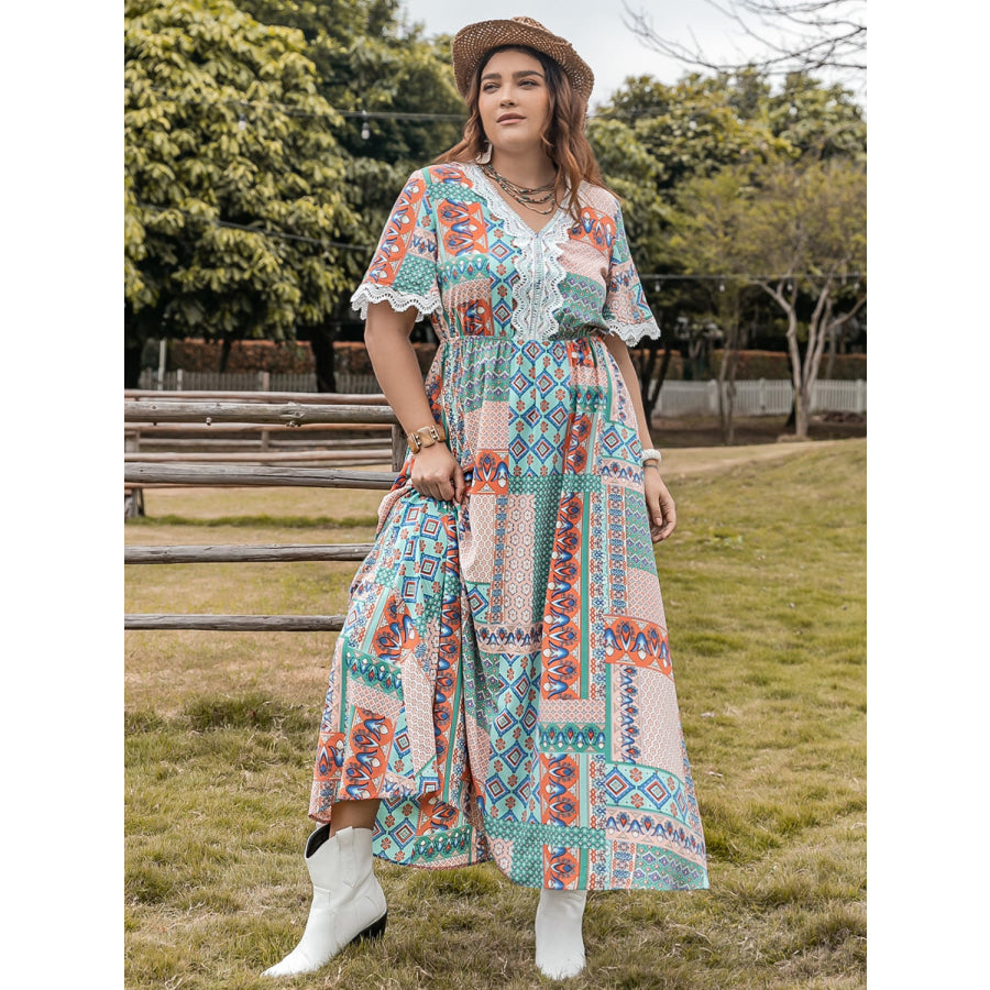 Plus Size Lace Detail Printed Half Sleeve Midi Dress Apparel and Accessories