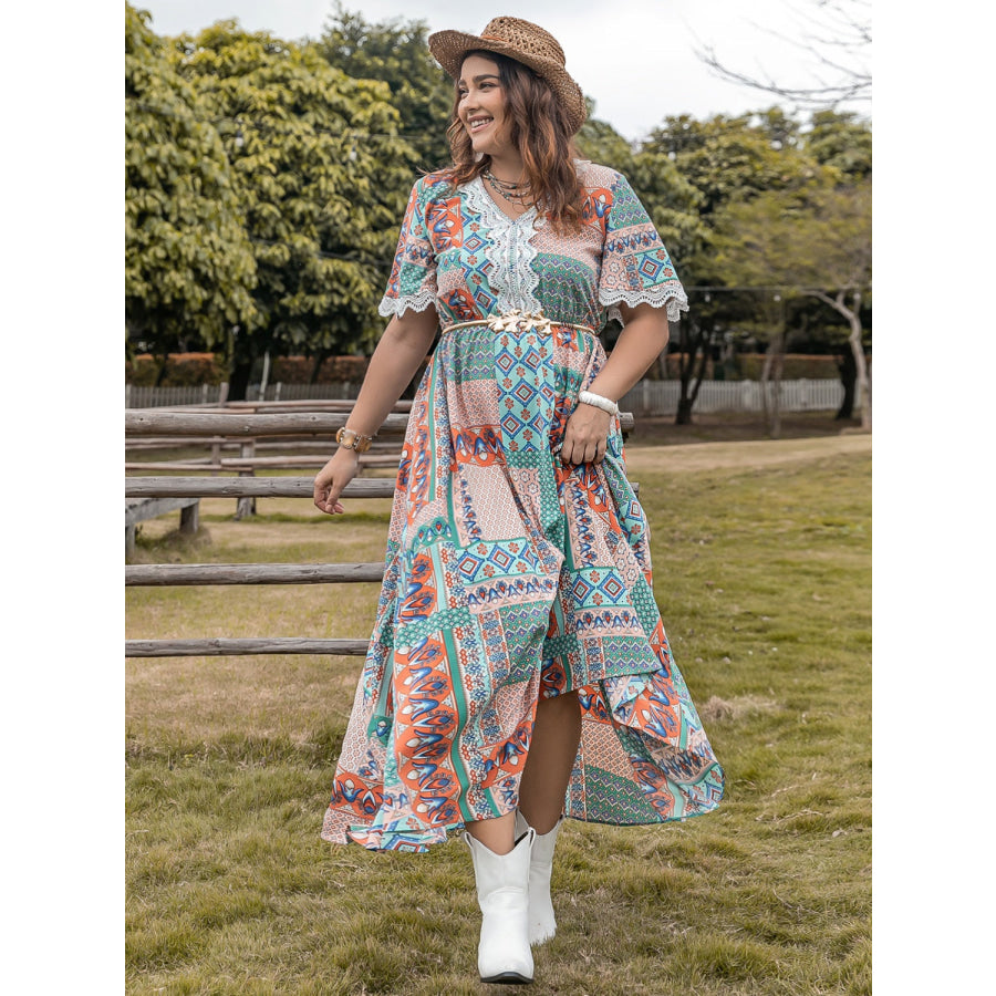 Plus Size Lace Detail Printed Half Sleeve Midi Dress Apparel and Accessories