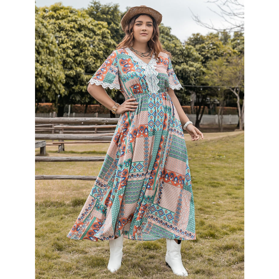 Plus Size Lace Detail Printed Half Sleeve Midi Dress Turquoise / 0XL Apparel and Accessories