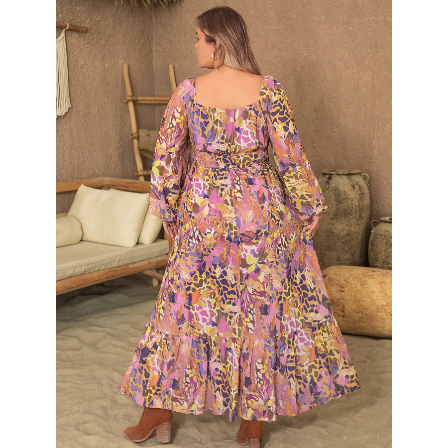 Plus Size Lace Detail Printed V-Neck Long Sleeve Midi Dress Multicolor / 0XL Apparel and Accessories