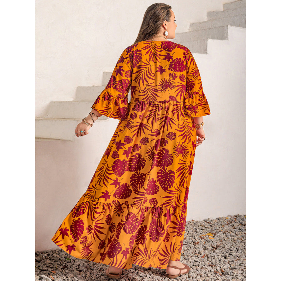 Plus Size Lace Detail Printed V-Neck Maxi Dress Tangerine / 0XL Apparel and Accessories