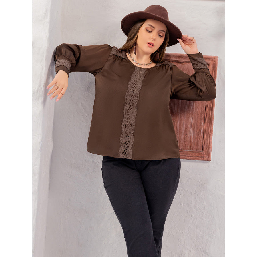 Plus Size Lace Detail Round Neck Long Sleeve Blouse Apparel and Accessories