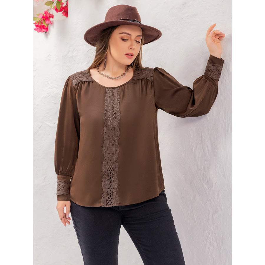 Plus Size Lace Detail Round Neck Long Sleeve Blouse Apparel and Accessories