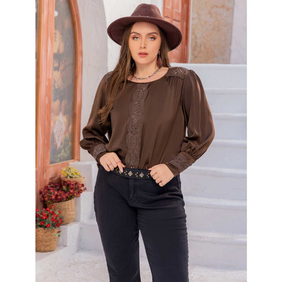 Plus Size Lace Detail Round Neck Long Sleeve Blouse Apparel and Accessories