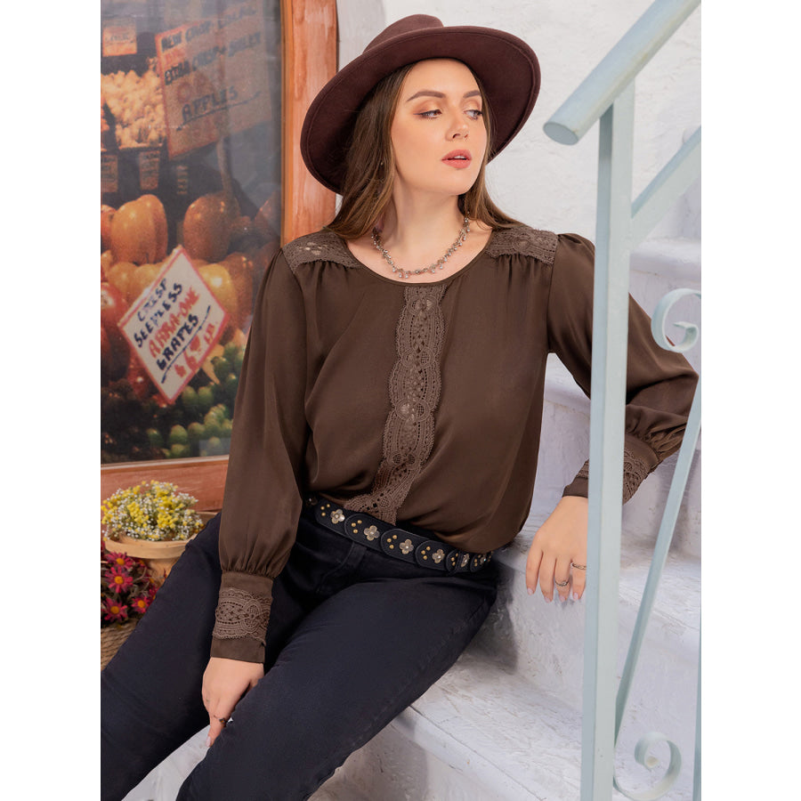 Plus Size Lace Detail Round Neck Long Sleeve Blouse Coffee Brown / 0XL Apparel and Accessories