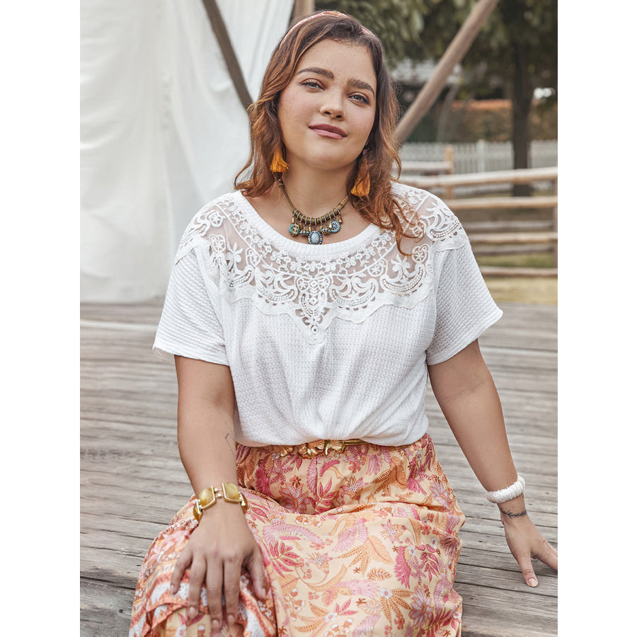 Plus Size Lace Detail Round Neck Short Sleeve Top Apparel and Accessories