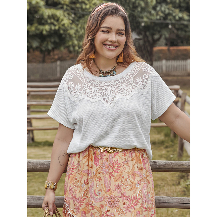 Plus Size Lace Detail Round Neck Short Sleeve Top Apparel and Accessories