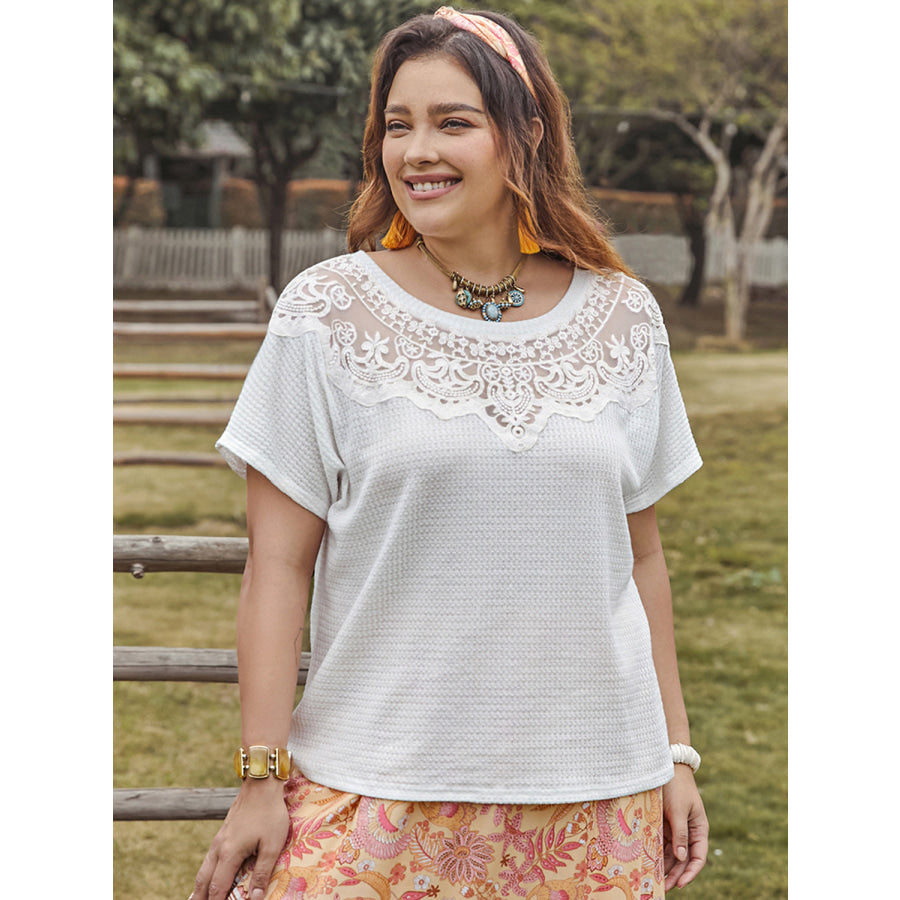 Plus Size Lace Detail Round Neck Short Sleeve Top White / 0XL Apparel and Accessories