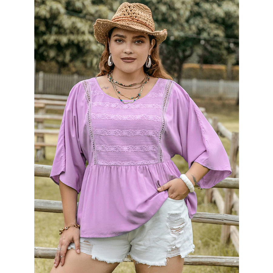 Plus Size Lace Detail Round Neck Three-Quarter Sleeve Blouse Lavender / 0XL Shirts &amp; Tops