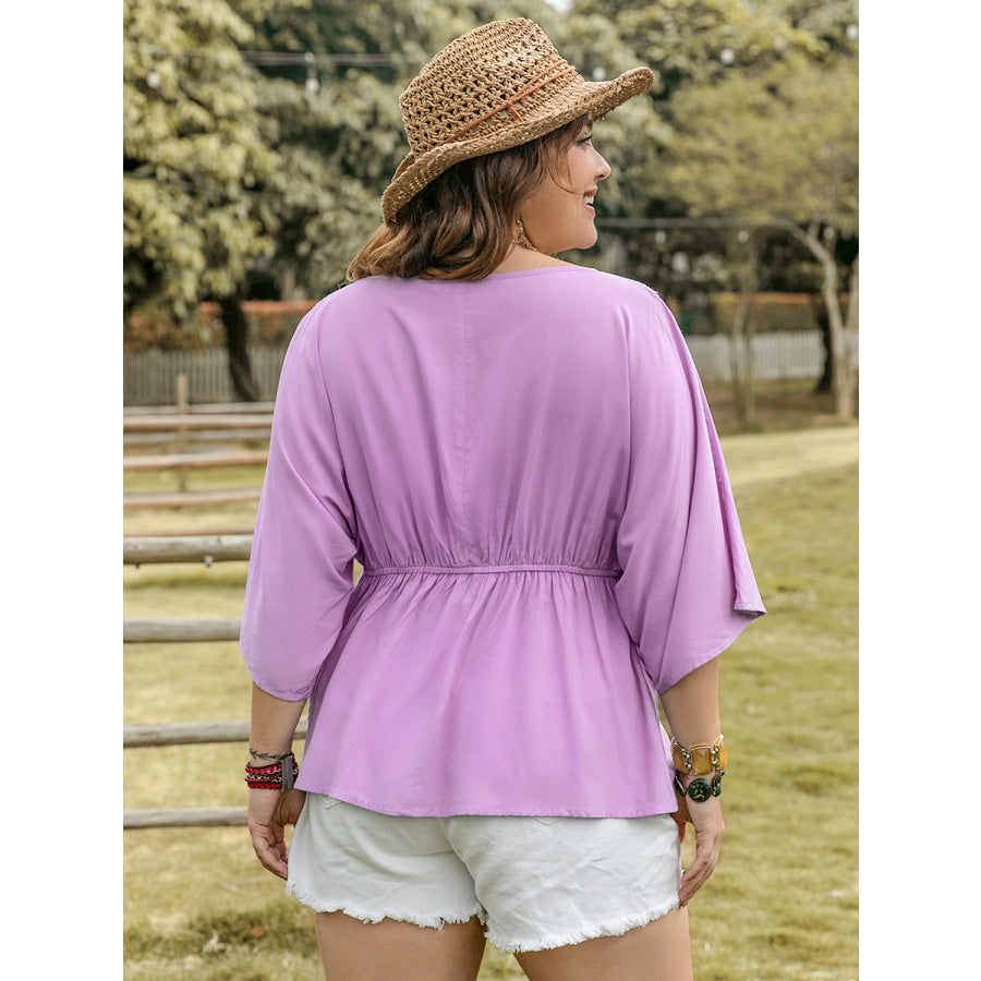 Plus Size Lace Detail Round Neck Three-Quarter Sleeve Blouse Lavender / 0XL Shirts & Tops