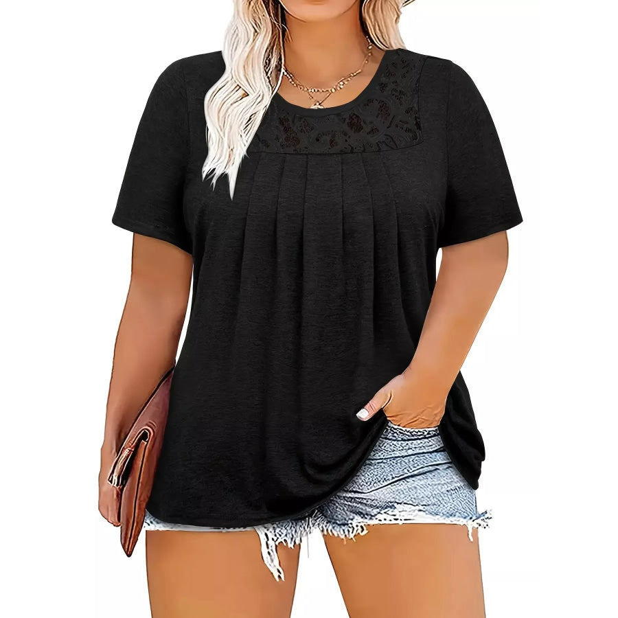 Plus Size Lace Detail Short Sleeve Top Black / L Apparel and Accessories