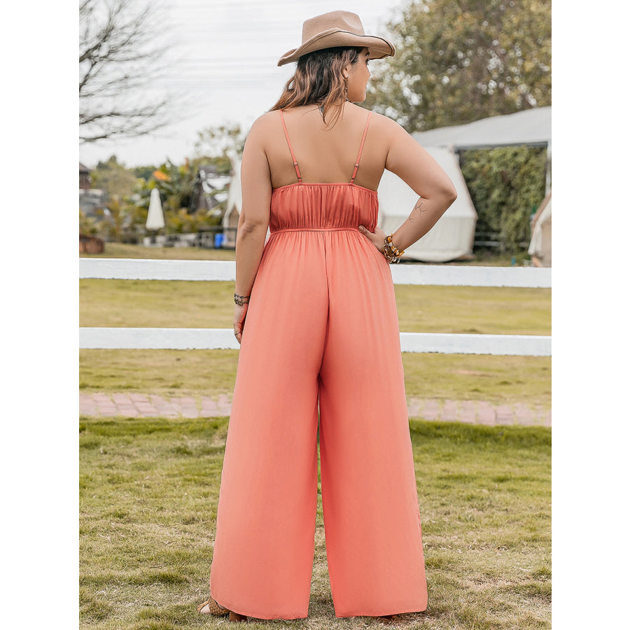 Plus Size Lace Detail Spaghetti Strap Wide Leg Jumpsuit Orange / 0XL Jumpsuits and Rompers