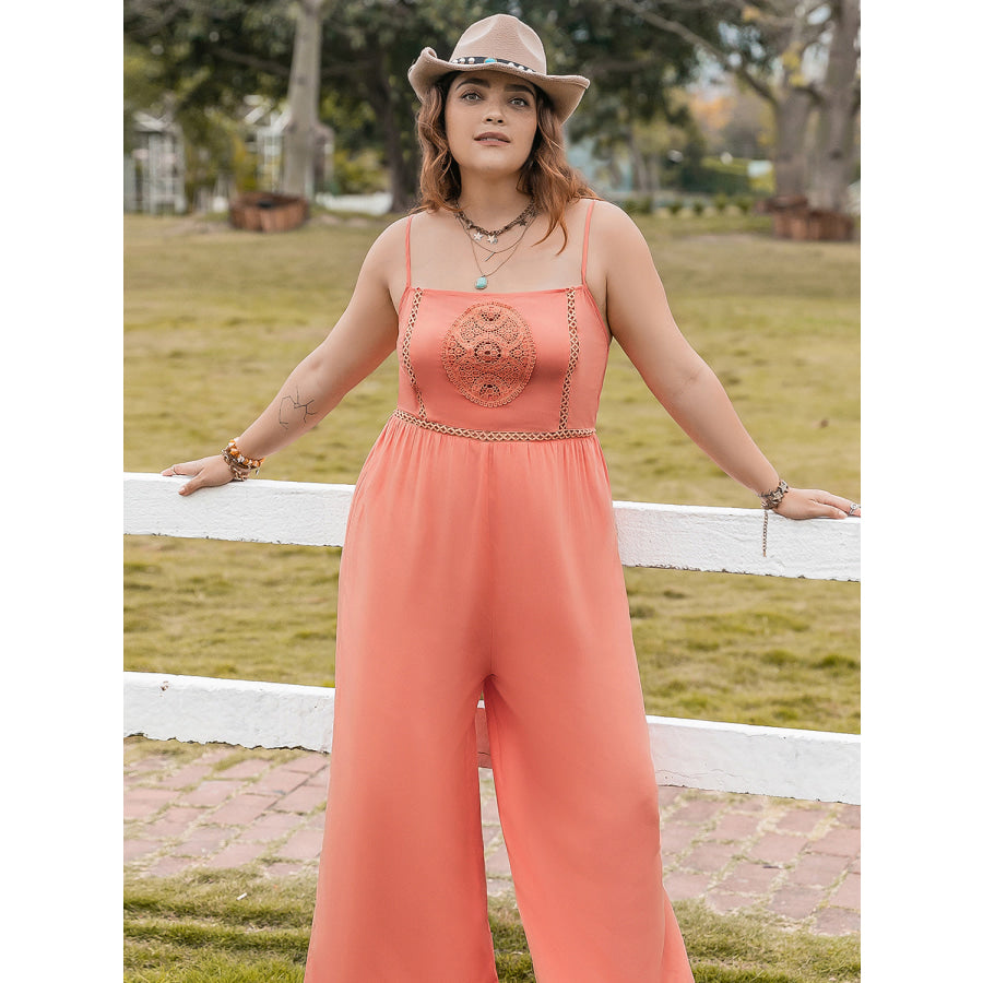 Plus Size Lace Detail Spaghetti Strap Wide Leg Jumpsuit Jumpsuits and Rompers