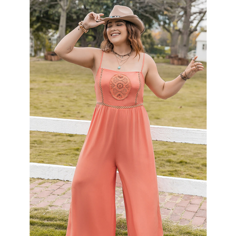 Plus Size Lace Detail Spaghetti Strap Wide Leg Jumpsuit Jumpsuits and Rompers