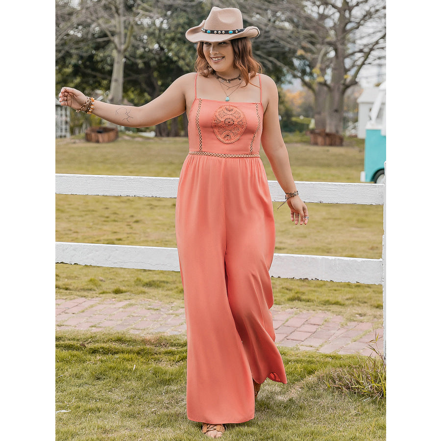 Plus Size Lace Detail Spaghetti Strap Wide Leg Jumpsuit Jumpsuits and Rompers