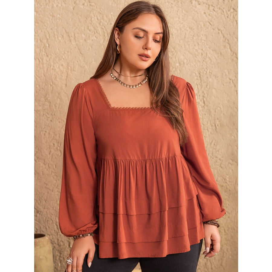 Plus Size Lace Detail Square Neck Long Sleeve Blouse Apparel and Accessories