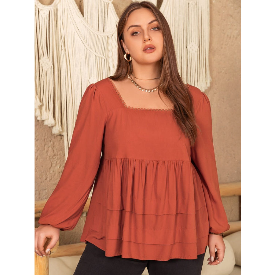 Plus Size Lace Detail Square Neck Long Sleeve Blouse Apparel and Accessories