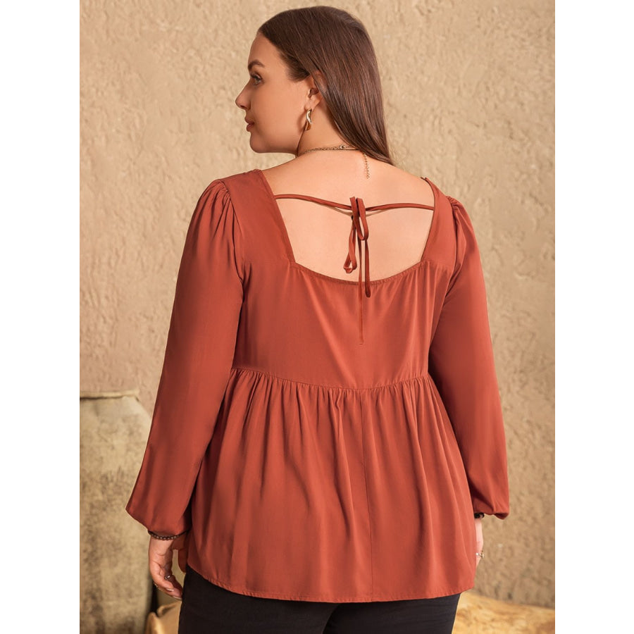 Plus Size Lace Detail Square Neck Long Sleeve Blouse Apparel and Accessories