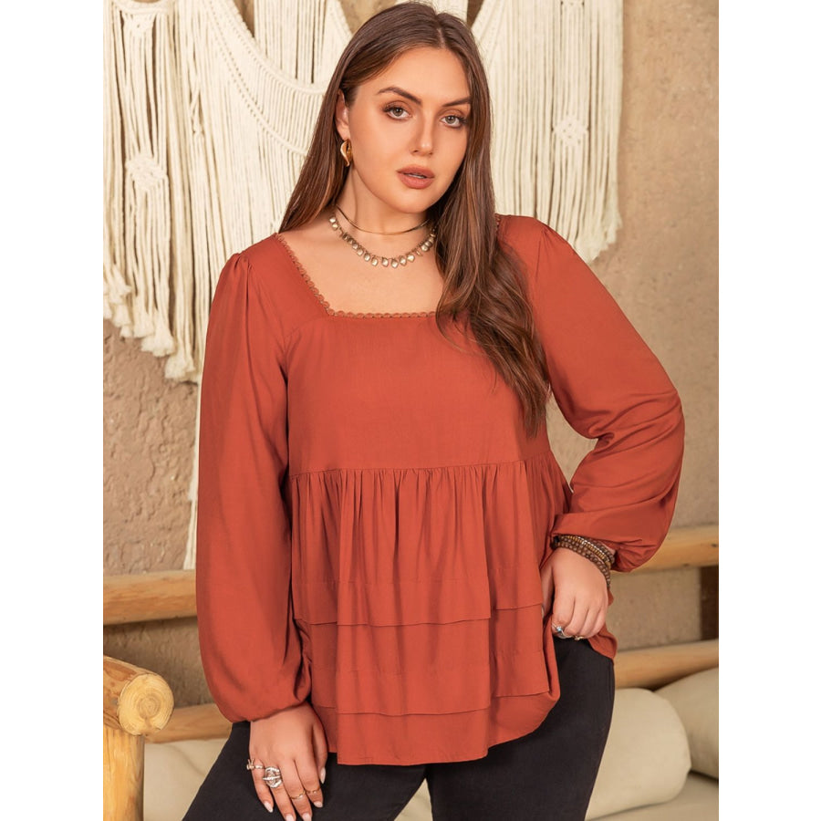 Plus Size Lace Detail Square Neck Long Sleeve Blouse Terracotta / 0XL Apparel and Accessories