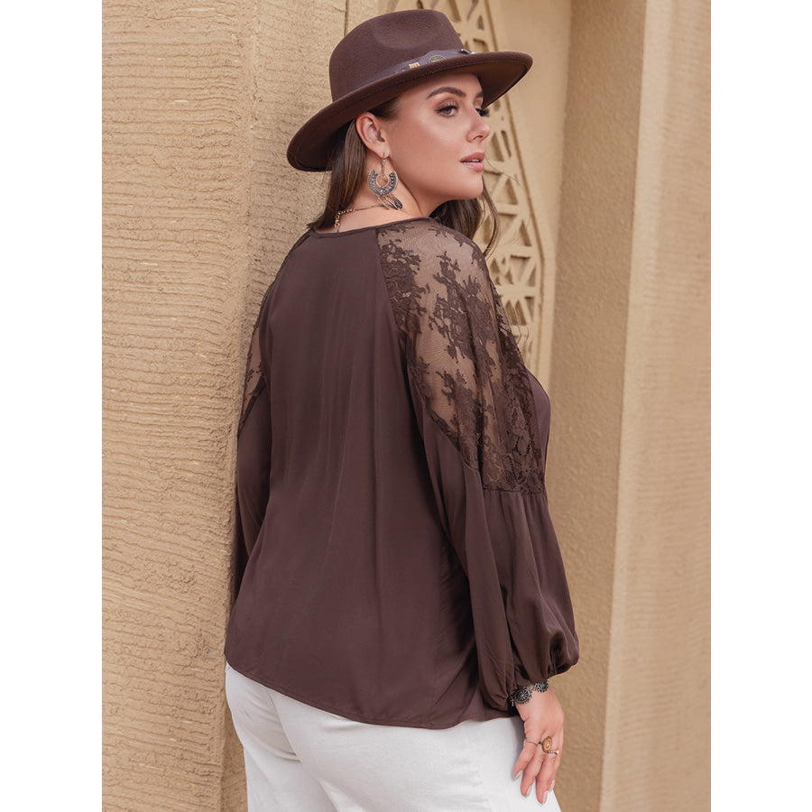 Plus Size Lace Detail Tie Neck Long Sleeve Blouse Apparel and Accessories