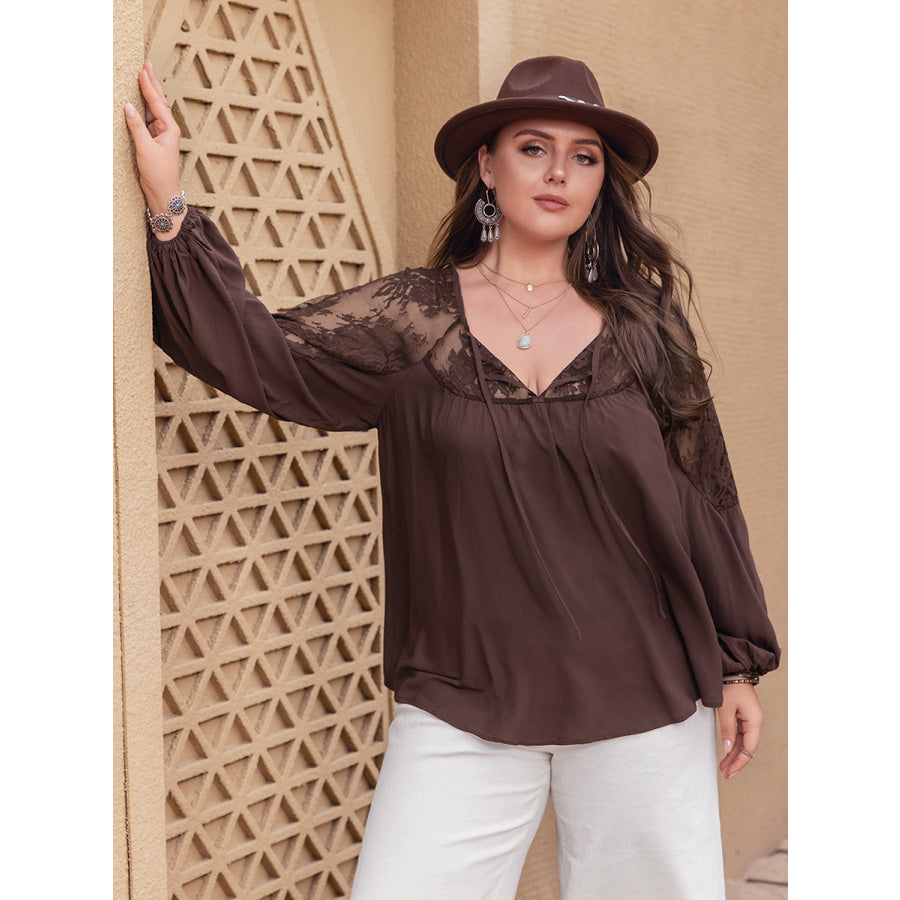 Plus Size Lace Detail Tie Neck Long Sleeve Blouse Apparel and Accessories