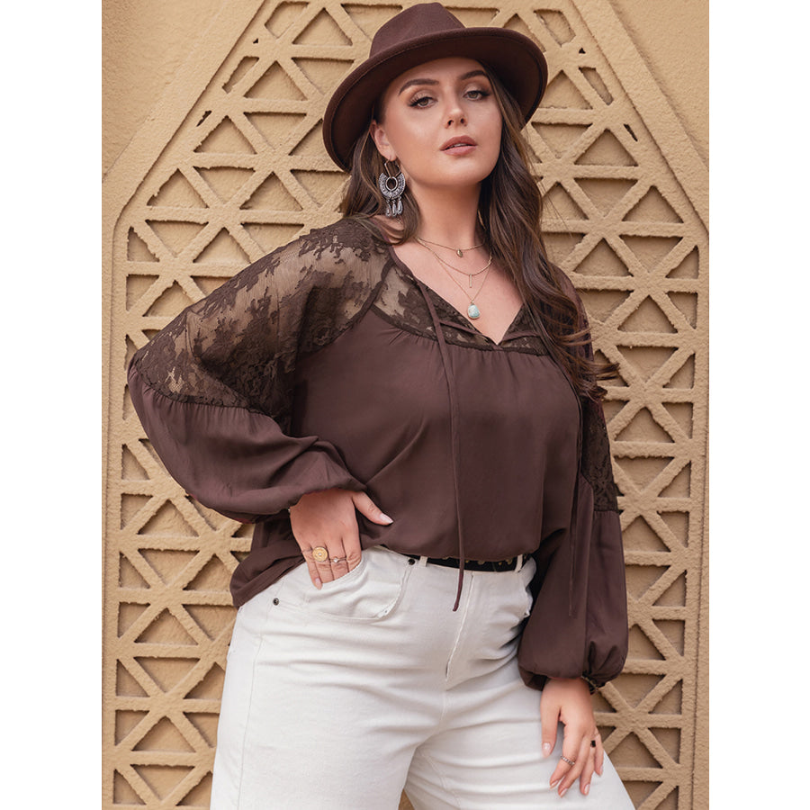 Plus Size Lace Detail Tie Neck Long Sleeve Blouse Apparel and Accessories