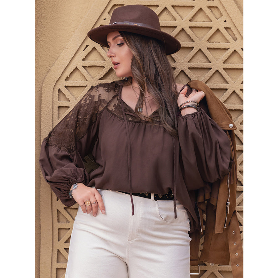 Plus Size Lace Detail Tie Neck Long Sleeve Blouse Apparel and Accessories