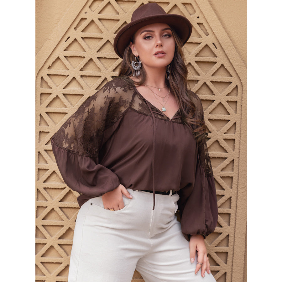 Plus Size Lace Detail Tie Neck Long Sleeve Blouse Brown / 0XL Apparel and Accessories