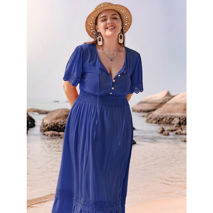 Plus Size Lace Detail Tie Neck Short Sleeve Maxi Dress Apparel and Accessories