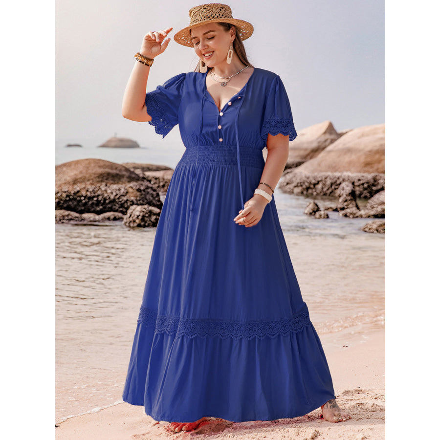 Plus Size Lace Detail Tie Neck Short Sleeve Maxi Dress Apparel and Accessories