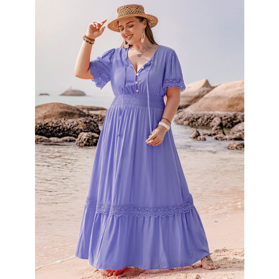 Plus Size Lace Detail Tie Neck Short Sleeve Maxi Dress Lavender / 0XL Apparel and Accessories