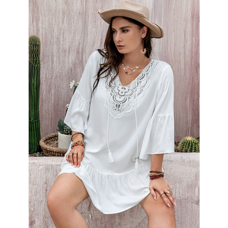 Plus Size Lace Detail Tie Neck Three-Quarter Sleeve Mini Dress Apparel and Accessories