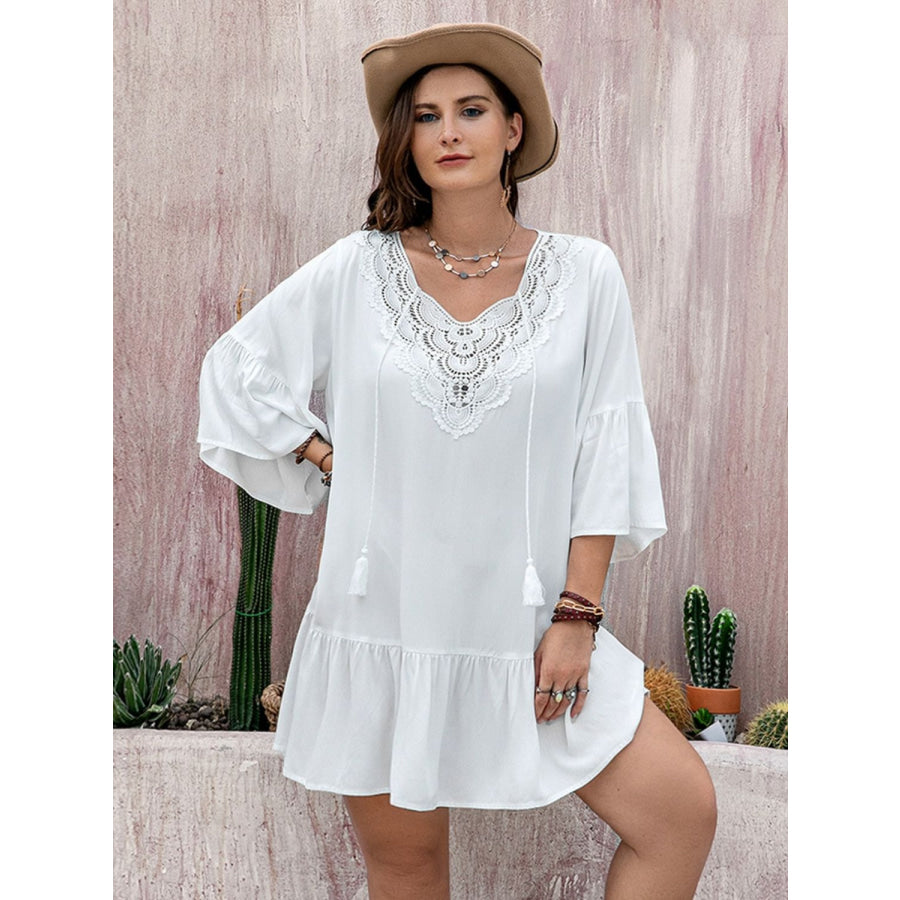 Plus Size Lace Detail Tie Neck Three-Quarter Sleeve Mini Dress Apparel and Accessories