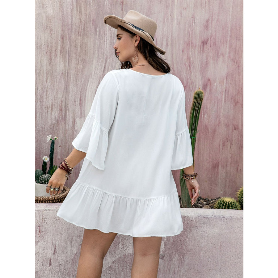 Plus Size Lace Detail Tie Neck Three-Quarter Sleeve Mini Dress White / 0XL Apparel and Accessories