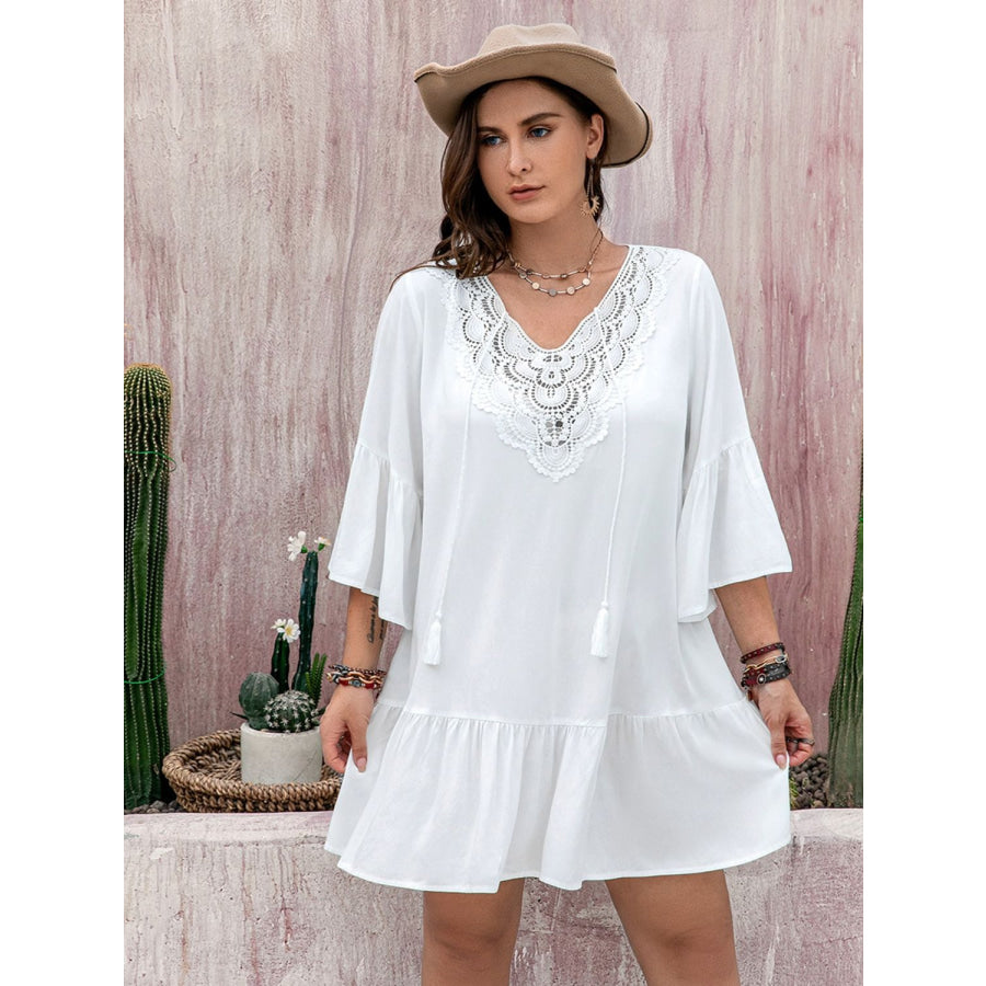 Plus Size Lace Detail Tie Neck Three-Quarter Sleeve Mini Dress White / 0XL Apparel and Accessories