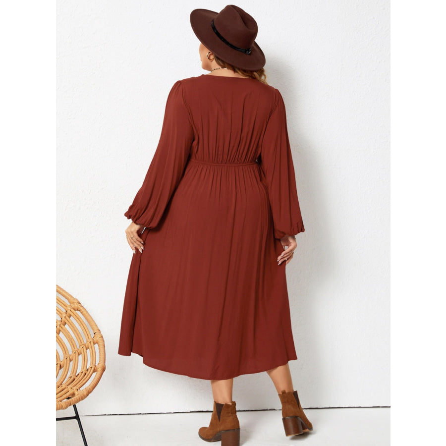 Plus Size Lace Detail V-Neck Balloon Sleeve Dress Brown / 0XL Apparel and Accessories