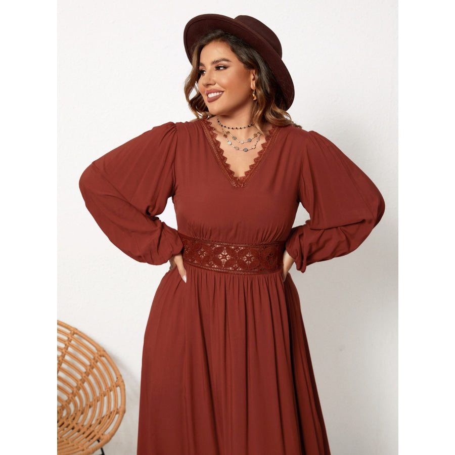 Plus Size Lace Detail V-Neck Balloon Sleeve Dress Apparel and Accessories