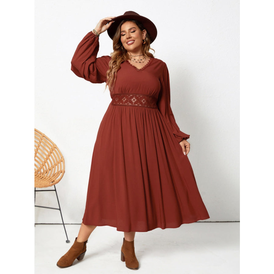 Plus Size Lace Detail V-Neck Balloon Sleeve Dress Brown / 0XL Apparel and Accessories