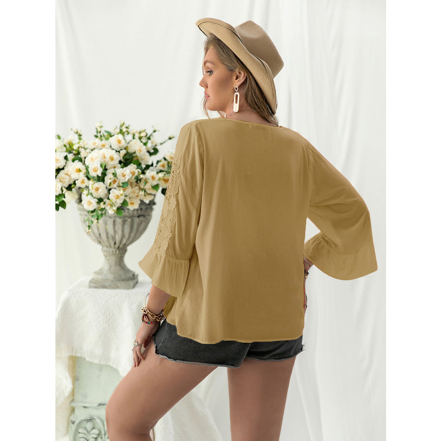 Plus Size Lace Detail V-Neck Flounce Sleeve Blouse Camel / 0XL Apparel and Accessories