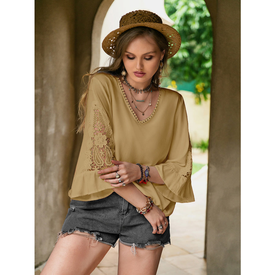 Plus Size Lace Detail V-Neck Flounce Sleeve Blouse Apparel and Accessories