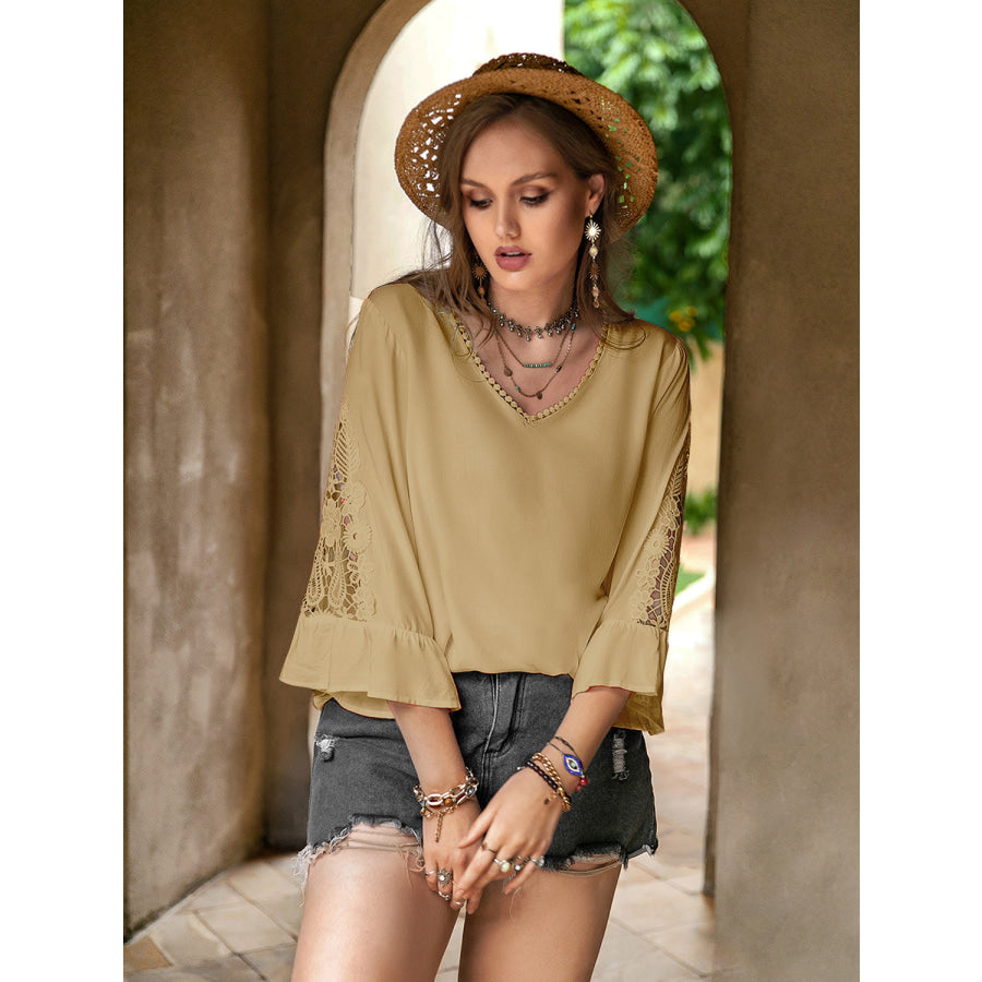 Plus Size Lace Detail V-Neck Flounce Sleeve Blouse Camel / 0XL Apparel and Accessories