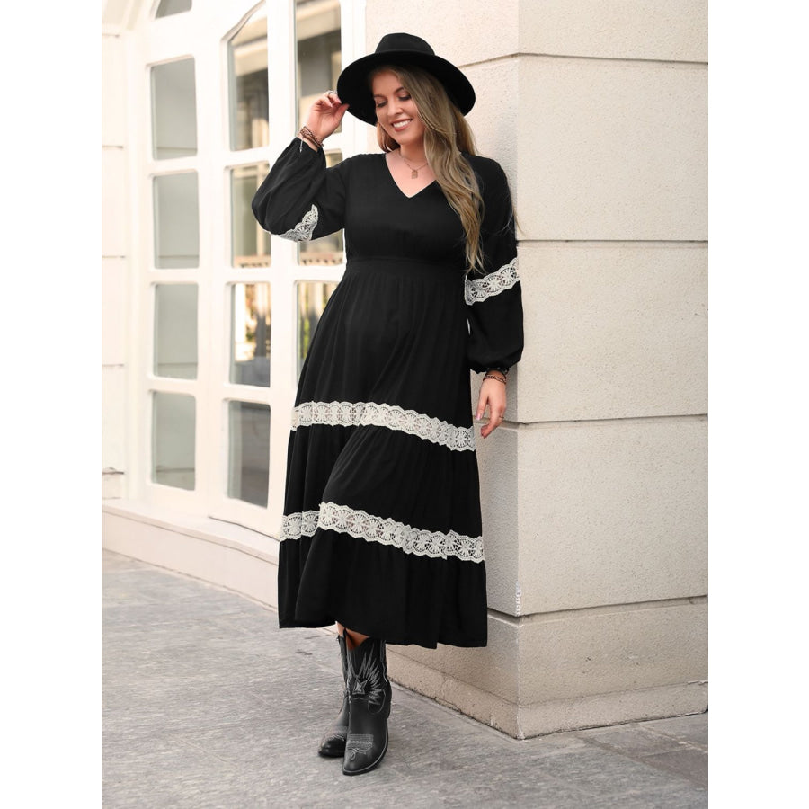 Plus Size Lace Detail V-Neck Long Sleeve Midi Dress Apparel and Accessories