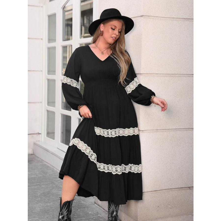 Plus Size Lace Detail V-Neck Long Sleeve Midi Dress Apparel and Accessories