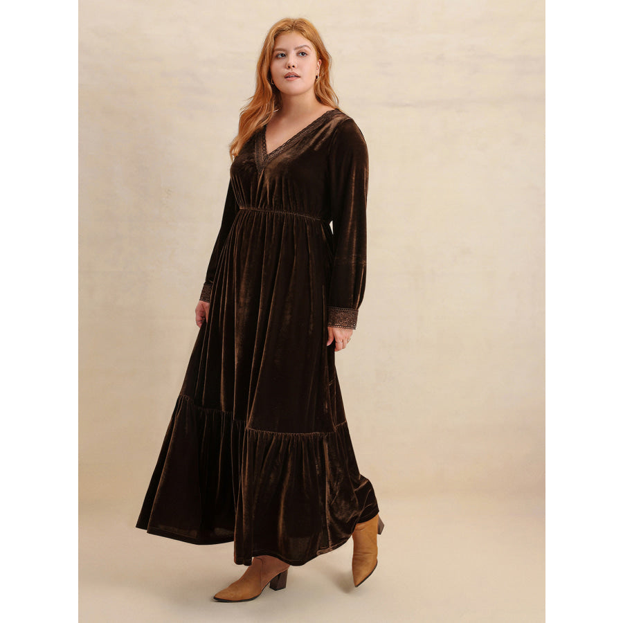 Plus Size Lace Detail V-Neck Long Sleeve Midi Dress Dark Brown / 0XL Apparel and Accessories