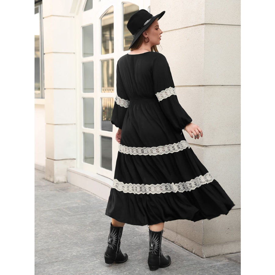 Plus Size Lace Detail V-Neck Long Sleeve Midi Dress Black / 0XL Apparel and Accessories